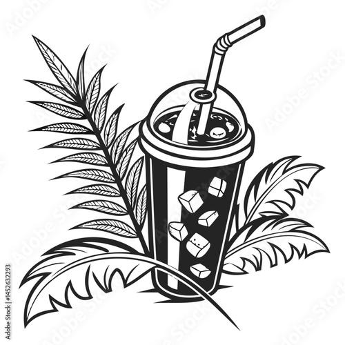 Iced coffee drink with straw and ice cubes surrounded by tropical leaves black and white vector illustration isolated on transparent background