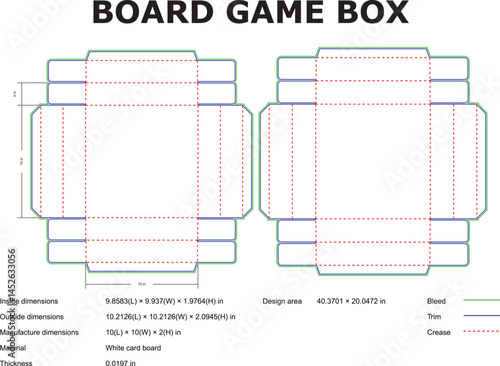 Detailed diagram of a board game box template featuring crease lines and bleed area for packaging design