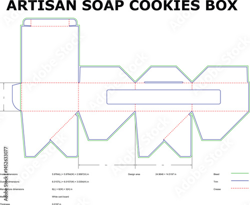 Detailed diecut box template design for artisan soap or cookie packaging with measurement specifications provided