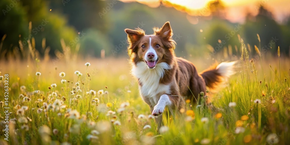 Fototapeta premium A brown border collie runs freely in a large meadow with wildflowers and tall grasses swaying in the breeze, nature