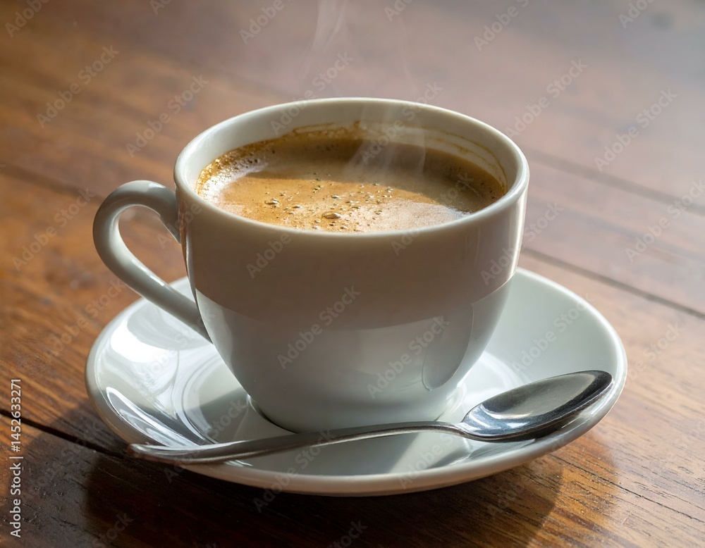 Steaming cup of espresso on a wooden table with a spoon. Perfect for cafe, coffee shop, or breakfast themes. Steaming cup of espresso on a wooden table with a spoon. Perfect for cafe, coffee shop, or breakfast themes.
