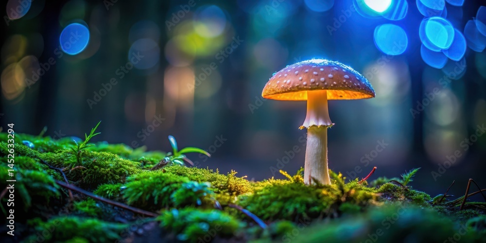 Fototapeta premium A glowing mushroom in a dark forest at night, glowing mushroom, nature, glowing mushroom, nature