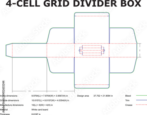 Detailed schematic diagram of a 4-cell grid divider box design with measurement specifications for packaging purposes