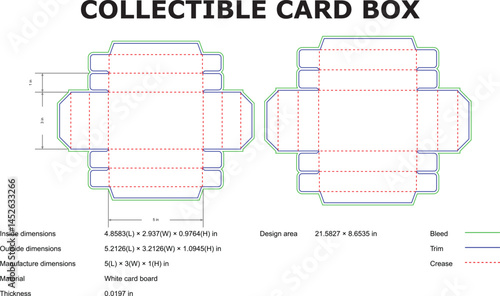 Detailed vector template for collectible card box design with dimensions and crease lines ready for production