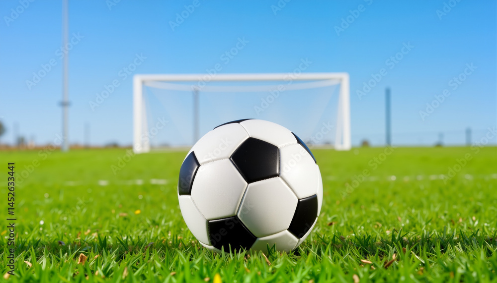 Fototapeta premium Soccer ball on grass field with goal in bright blue sky 