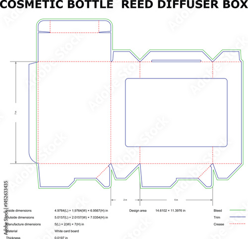 Detailed blueprint for a cosmetic bottle reed diffuser box packaging with dimensions and bleed and trim lines.