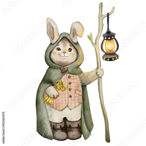 Watercolor drawing of a cute rabbit. Rabbit in an old cloak with a staff, a key in his paw and a lantern. Fairytale character for creating computer and board games, printing postcards, stickers, etc.