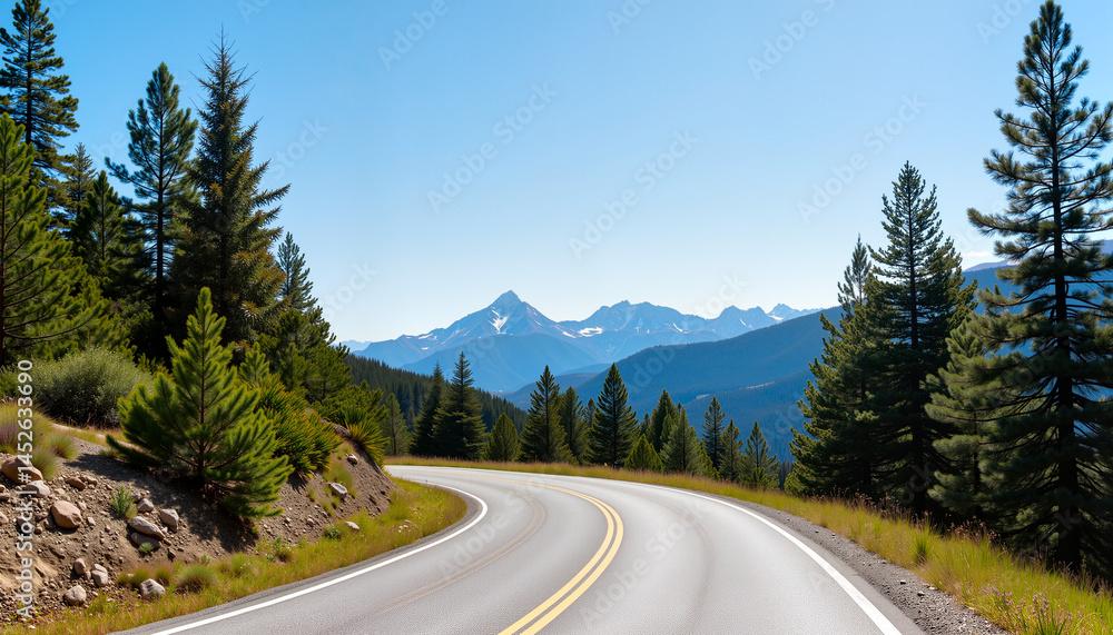 Fototapeta premium Curving highway surrounded by tall pine trees and mountains 