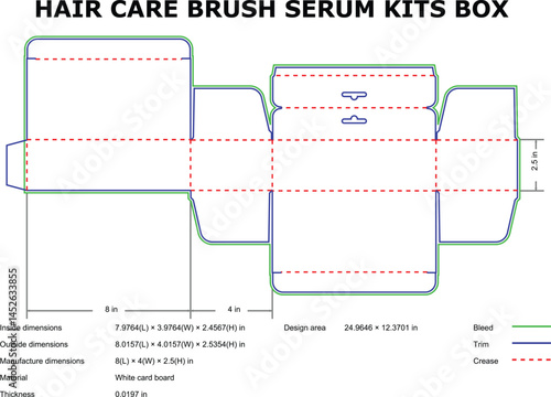 Packaging template for hair care brush serum kits box with bleed trim crease lines dimensions and design area