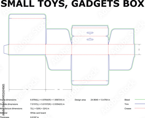 Detailed blueprint of a small toys gadgets box packaging design template with specified dimensions and crease lines