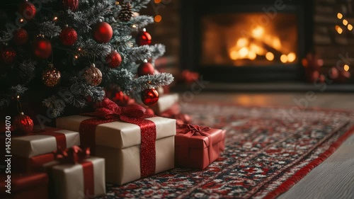 Christmas tree and holidays present on fireplace background
