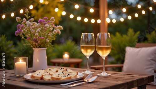 Elegant outdoor dining setup with wine and flowers under lights  