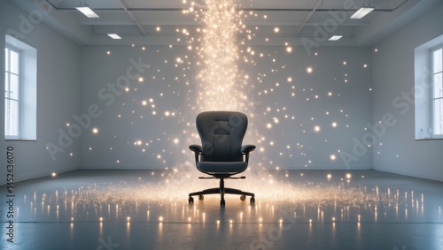 An empty office chair surrounded by floating luminous particles in a minimalistic room, creating an atmosphere of inspiration and creativity