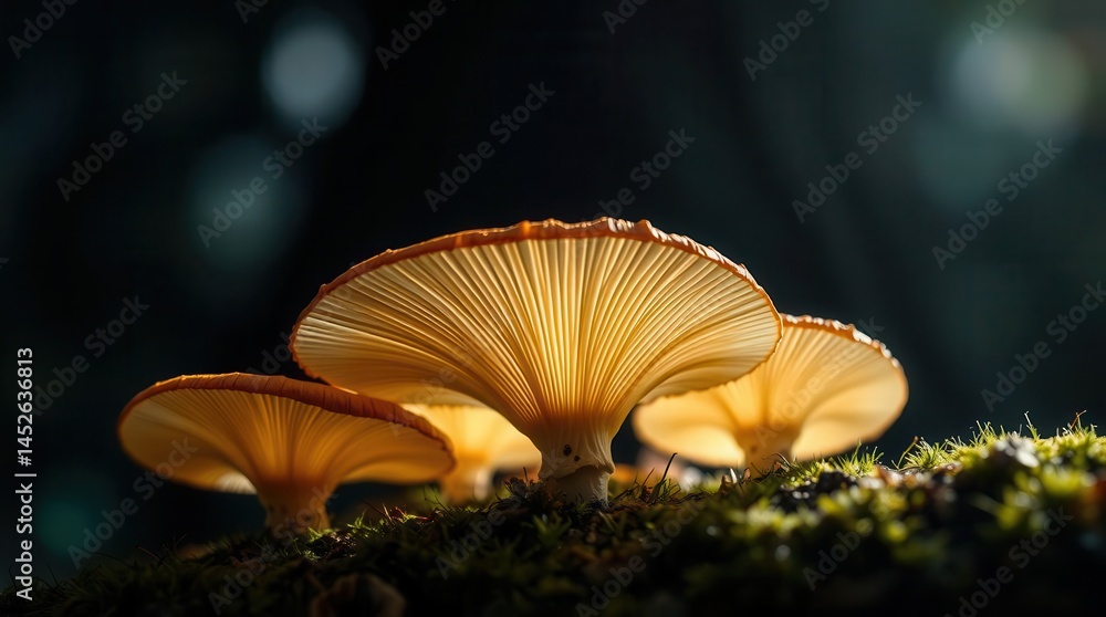 Glowing mushrooms on moss illuminate a dark forest floor with warm, ethereal light. Nature's beauty. Glowing mushrooms on moss illuminate a dark forest floor with warm, ethereal light. Nature's beauty.