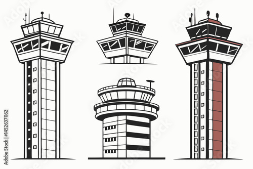 set of Air Traffic Control Tower silhouette vector illustration
