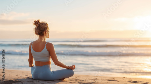 A woman practicing yoga on a serene beach at sunrise.