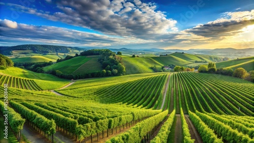 Wallpaper Mural Rolling hills of lush green vineyards stretching as far as the eye can see under a brilliant clear blue sky with only a few wispy clouds scattered about , scenic aerial view, green hills Torontodigital.ca