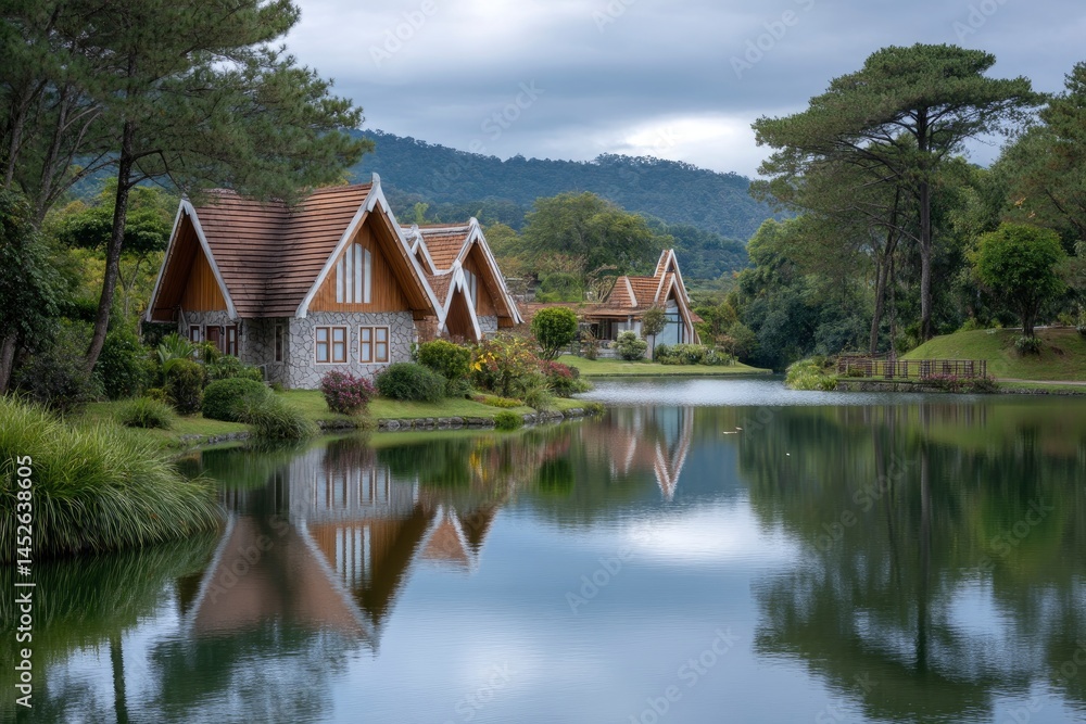Obraz premium House Reflected in a Lake in the Mountain