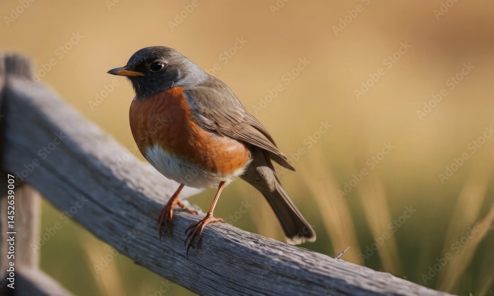 Fototapeta premium Colorful bird perched on a rustic wooden fence, showcasing its vibrant plumage against a blurred natural background, embodying the beauty of wildlife in a serene environment