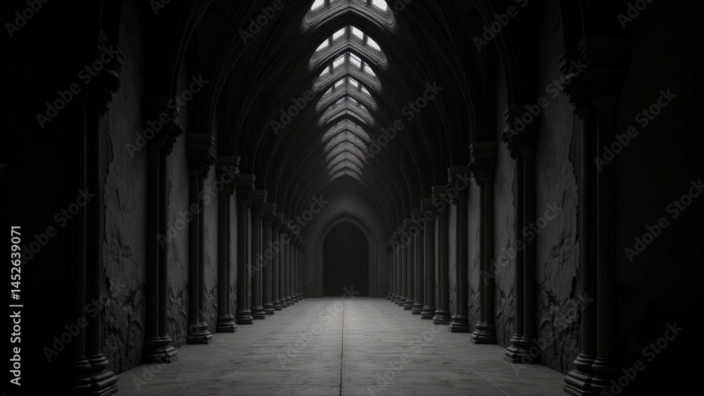 Obraz premium Gothic Architecture: Dark Hallway with Pillars and Vaulted Ceiling, Mystical Interior