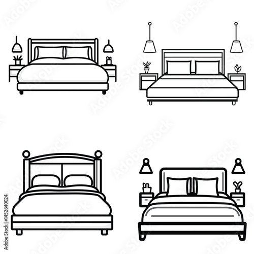 Four Bed Designs Vector with Bedside Table Lamp Isolated on Transparent Background