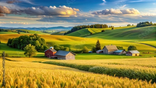 Panoramic view of rolling hills with vast fields of golden wheat and green crops, surrounded by rustic farmhouses and barns , farmland, agriculture
