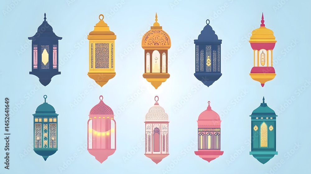 Fototapeta premium Collection of Colorful Islamic Lanterns Festive Ramadan Decorations