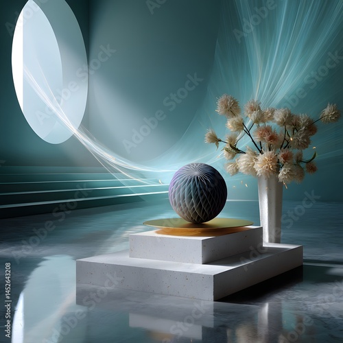 Abstract Interior with Geometric Elements and Soft Floral Arrangements in Calm Color Palette