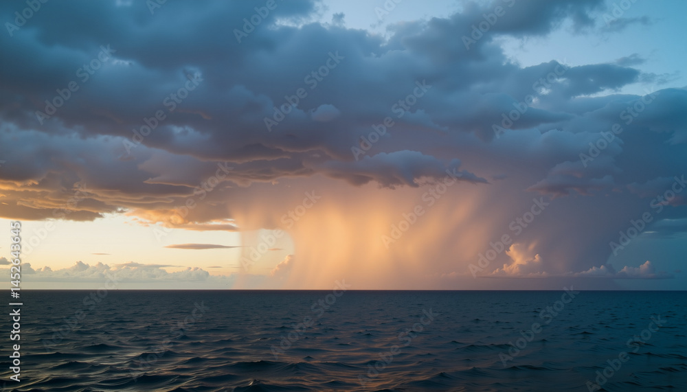 Dramatic sunset over ocean with rain and clouds Dramatic sunset over ocean with rain and clouds