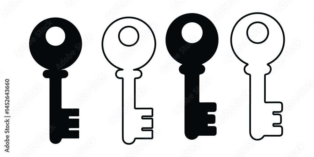 Key silhouette and outline icon set vector on white background Key silhouette and outline icon set vector on white background