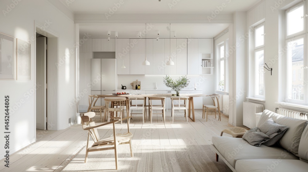 Fototapeta premium Minimalist Scandinavian interior featuring white cabinetry, wooden furniture, pendant lights, and large windows filling the open-plan kitchen and living space with sunlight