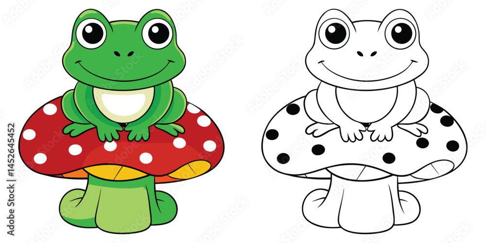 Fototapeta premium Coloring page of Cute Frog and Mushrooms Vector Illustration