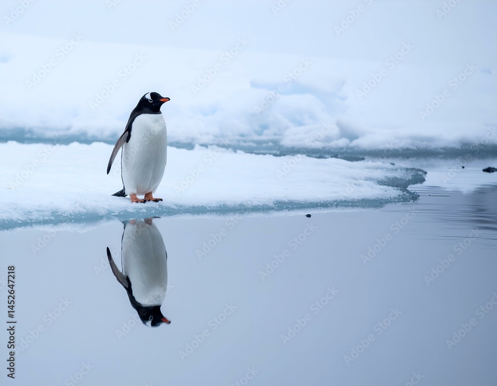 Obraz premium A Gentoo penguin stands on an icy shore, its reflection mirrored in the calm water. A serene, minimalist scene of Antarctic wildlife.