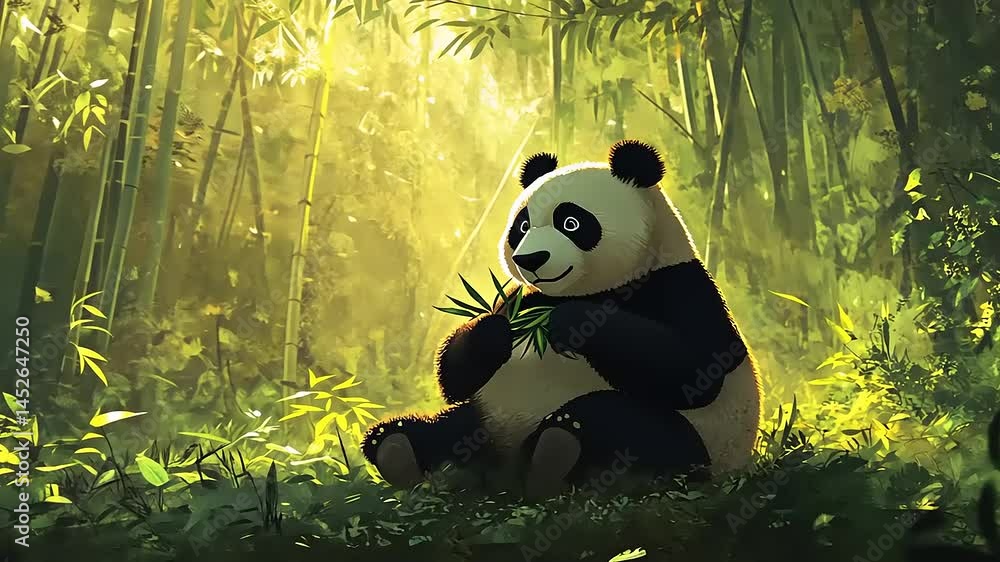 Playful panda enjoying bamboo in a lush green forest, surrounded by vibrant nature and sunlight Playful panda enjoying bamboo in a lush green forest, surrounded by vibrant nature and sunlight