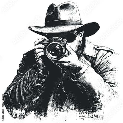 Vintage hand drawn spy with camera, black and white sketch, woodcut engraving vector, classic espionage illustration, retro agent drawing, secret agent illustration,