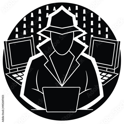 Hacker Silhouette in Trench Coat with Laptops: Cyber Security Icon, Black and White Vector