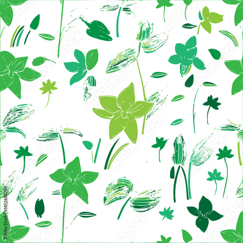 Whimsical botanical pattern featuring abstract green floral elements on white backdrop
