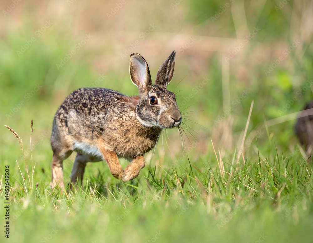 Fototapeta premium A wild rabbit leaps across a vibrant green meadow, showcasing its agility and natural beauty.