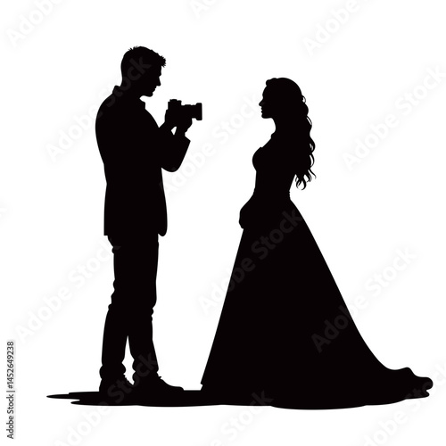 Photographer shooting bride, black silhouette, wedding, romantic, for invitations