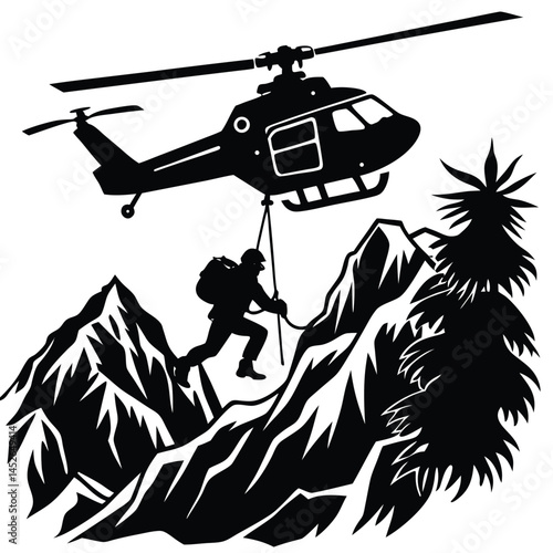 Helicopter Mountain Rescue Silhouette: Climber Being Rescued from Rocky Terrain