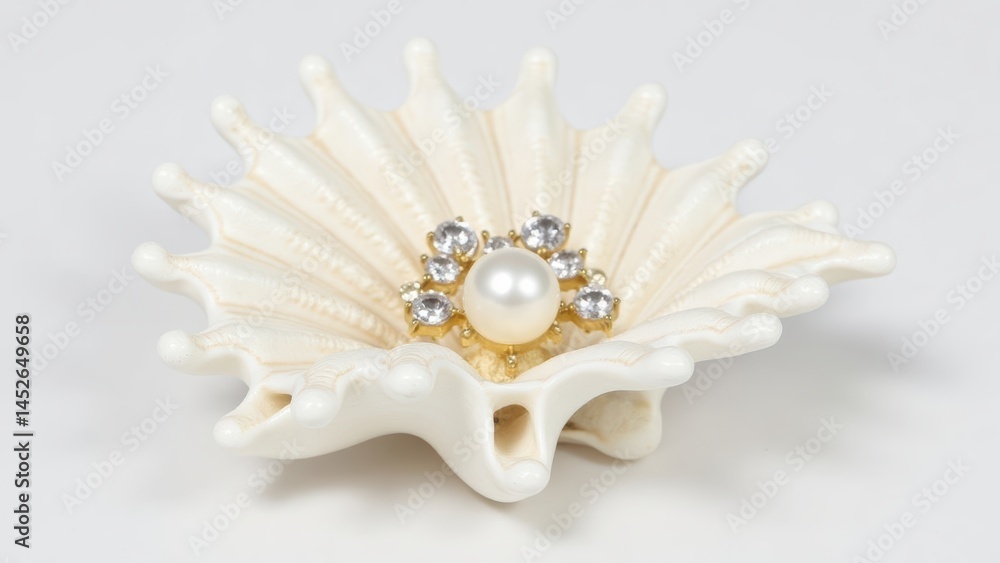 Fototapeta premium Elegant Pearl in Oyster Shell Jewelry Trinket Box with Rhinestones on White