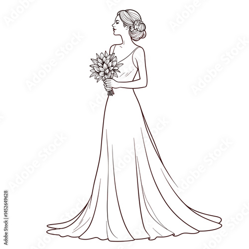 Bride in elegant gown holding bouquet, wedding illustration, line art style