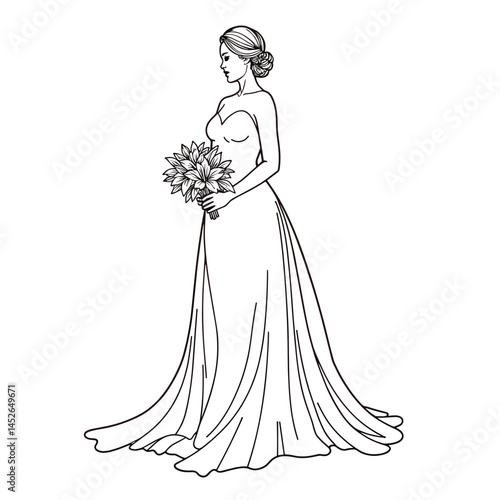 Bride in wedding dress holding flowers, line art illustration, for invitations