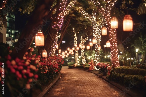 Wallpaper Mural Path illuminated with lights, lanterns, and flowers creates a festive atmosphere Torontodigital.ca