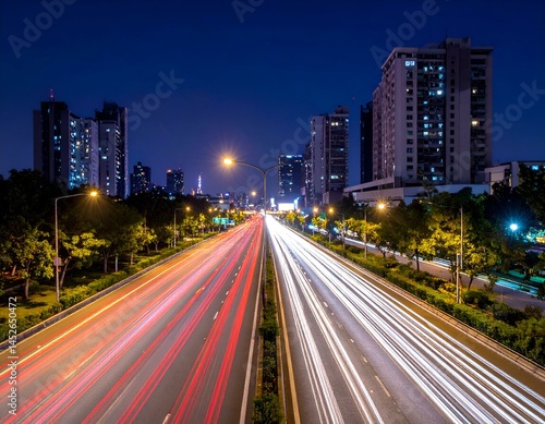 Night city highway with light trails.  Vibrant colors, long exposure photo of traffic moving at night.