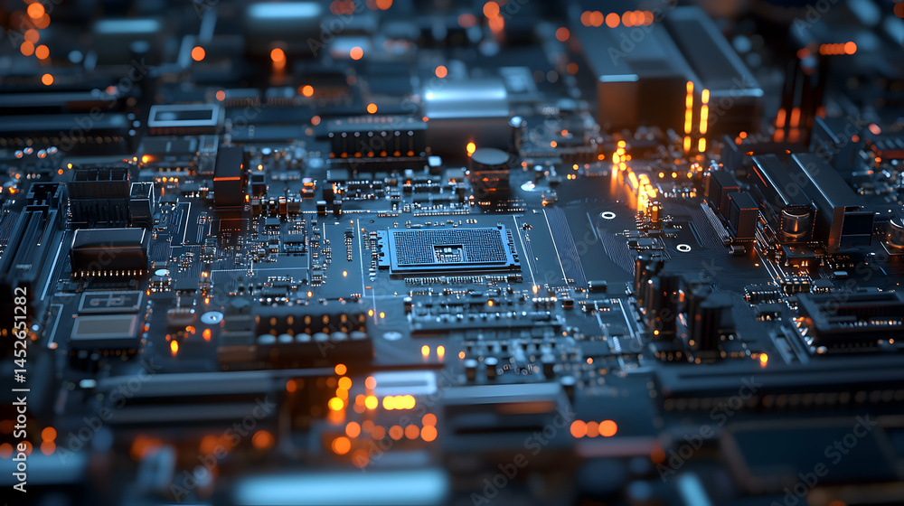 Close-up view of a computer circuit board with electronic components and lights. Close-up view of a computer circuit board with electronic components and lights.
