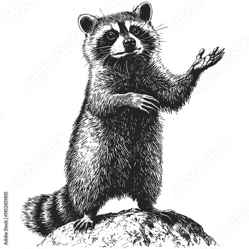 Standing raccoon, vintage engraving style vector, black sketch, old woodcut illustration, retro wildlife art, hand drawn animal, forest raccoon, antique line drawing, rustic print,