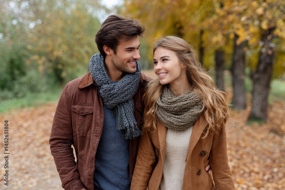 Couple Enjoying Autumn Walk in Park Couple Enjoying Autumn Walk in Park