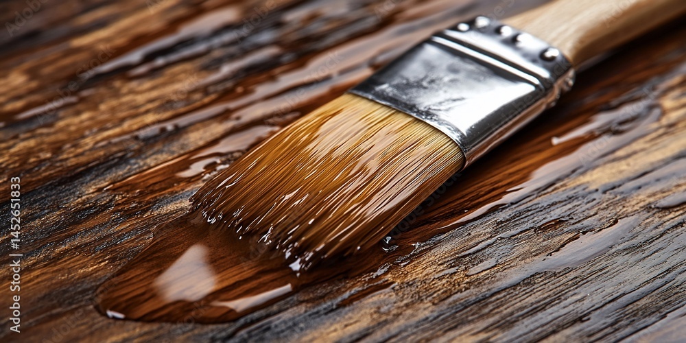 Fototapeta premium Paintbrush applying stain on rustic wood