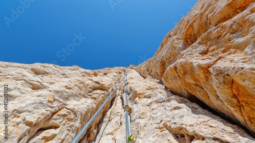 Vertical Climbing Route on Rocky Crags Under Clear Blue Sky